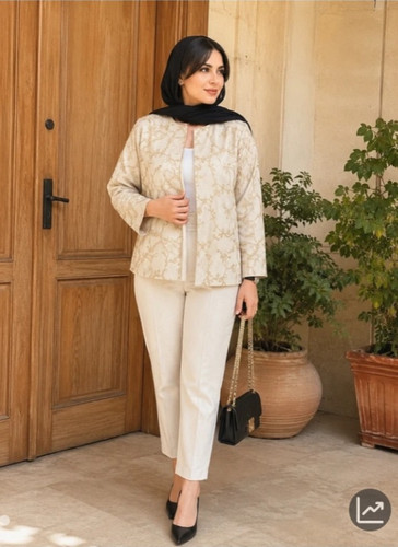 کت وشومیز زنانه جلو باز لمه دار هلیا جنس لنین مدل یقه گرد آستین افتاده شیک وزیلا